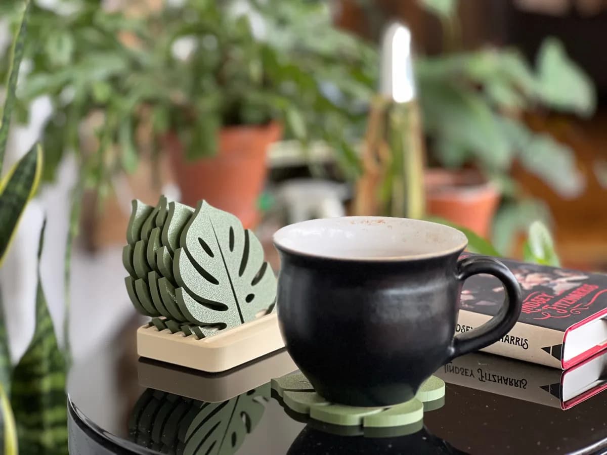 Conjunto de Porta-Copos de Folha de Monstera com Suporte